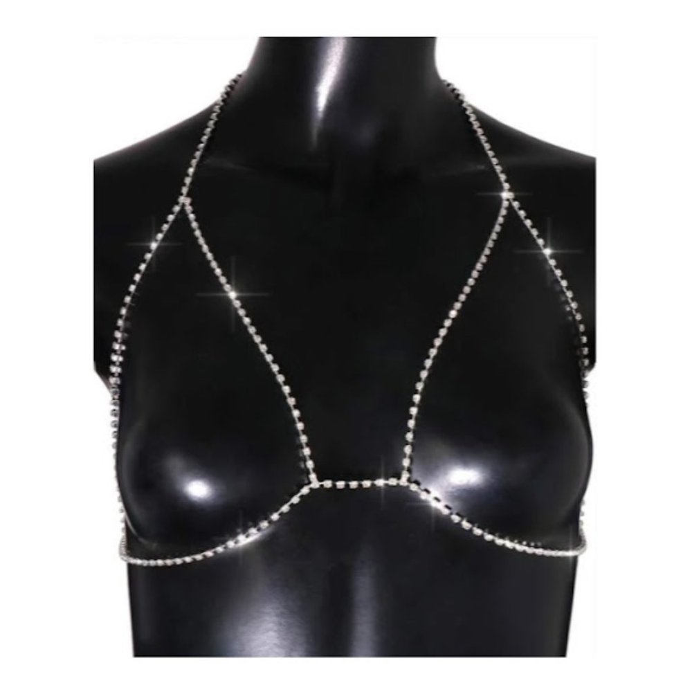 Rhinestone Bralette Shaped Body Chain - Silver